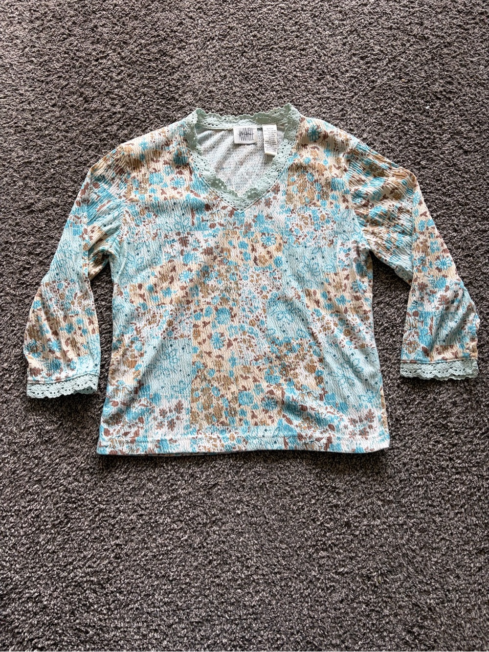 jason maxwell whimsigoth Aqua and Tan Floral V-Neck Long Sleeve Blouse